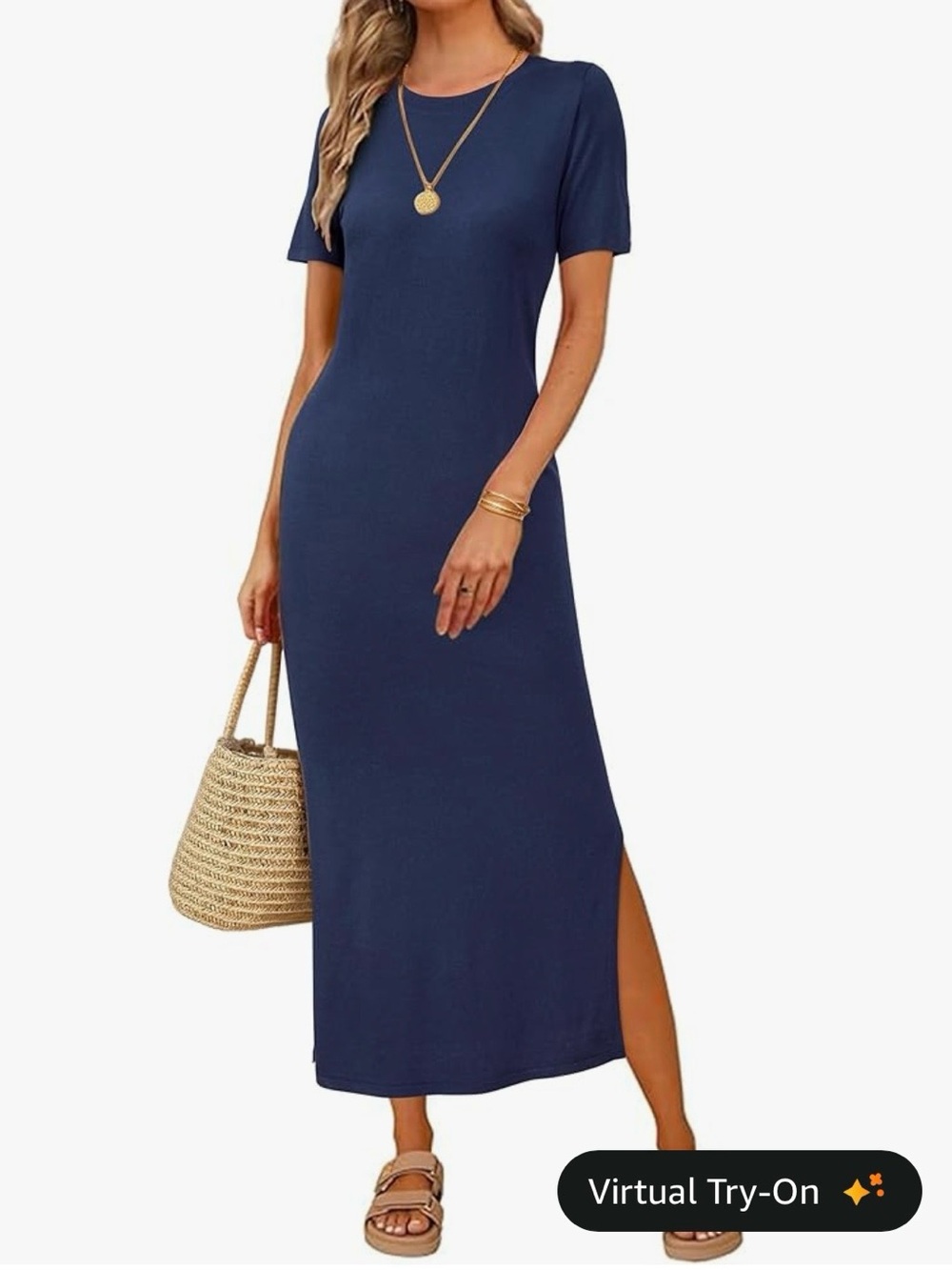 Women's Navy Short-Sleeve Maxi Dress - Casual Straight Fit - Picture 2 of 4